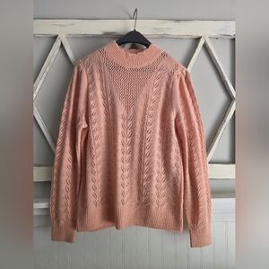 Loft Scallop Neck Sweater Women's Peach Coral Cabled Knit Pullover Size Medium